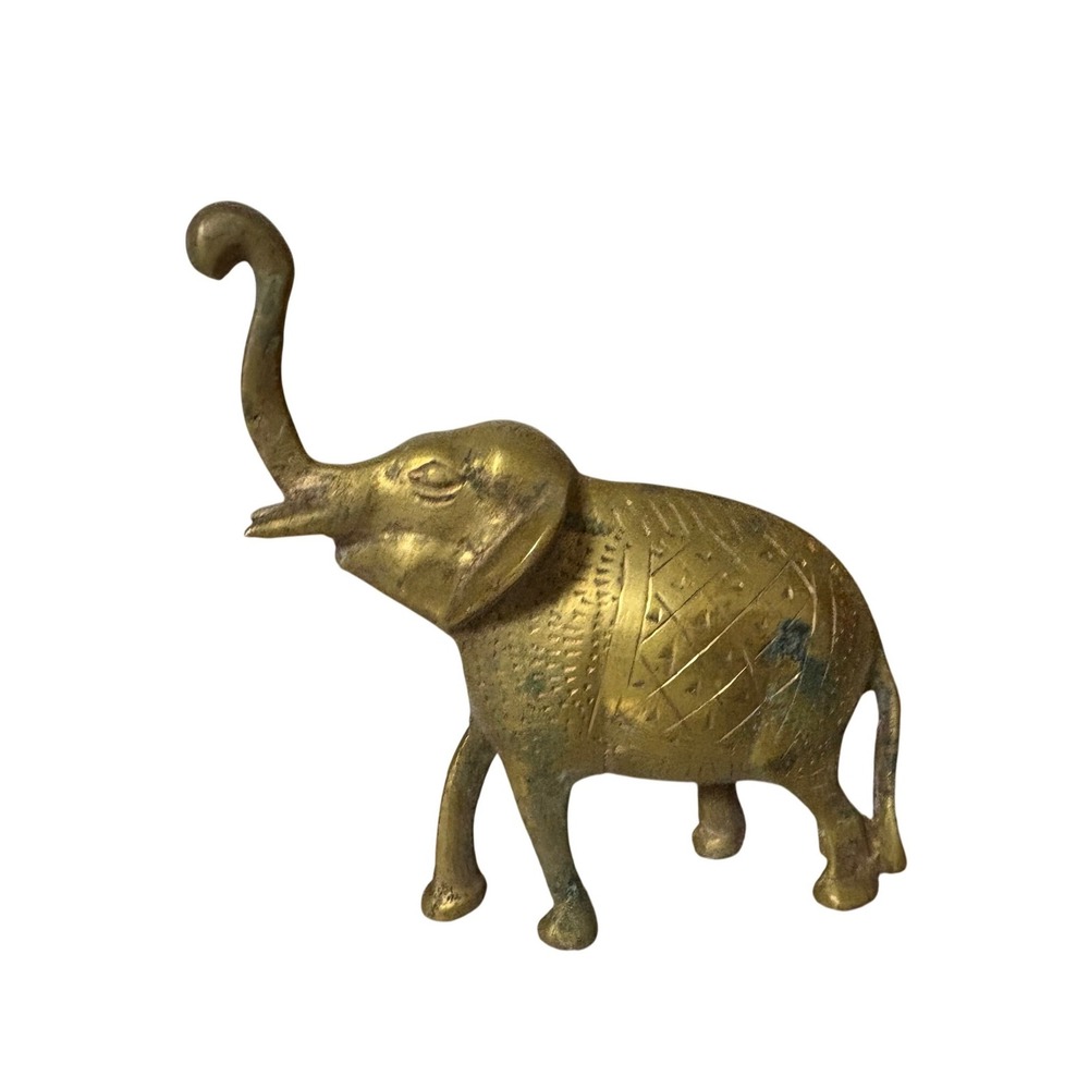 Vintage Brass Elephant Figurine Trunk Up Detailed Engraved Small‎ Animal Decor